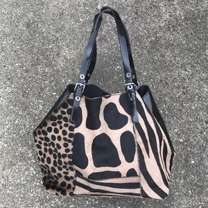 Black Leather and Faux Animal Fur Shoulder Bag